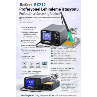 Bakon BK212 180W PID Sıcaklık Kontrollü Profesyonel Lehimleme İstasyonu