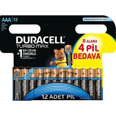 Duracell Turbo Max AAA İnce Alkalin Kalem Pil, 1.5v, LR03, Powercheck, 12li