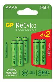 GP ReCyko 1000 Series Şarjlı AAA İnce Kalem Pil -1.2V, 4+2 (6 Adet), 950mAh