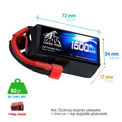 Leopard Power 2S 7.4V Lipo (Li-Po) Lityum Polimer Batarya - 1500mAh, 30C, T Plug