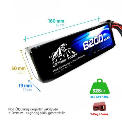 Leopard Power 2S 7.4V Lipo (Li-Po) Lityum Polimer Batarya - 6200mAh, 40C