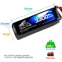 Leopard Power 3S 11.1V Lipo (Li-Po) Lityum Polimer Batarya - 3300mAh, 40C, T Plug - Thumbnail