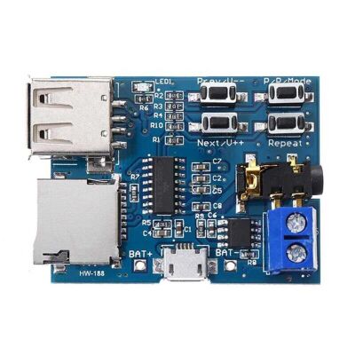 TF Kart ve USB Flash Disk Girişli WAV, MP3 Çalar Modül - 3W Amfi,